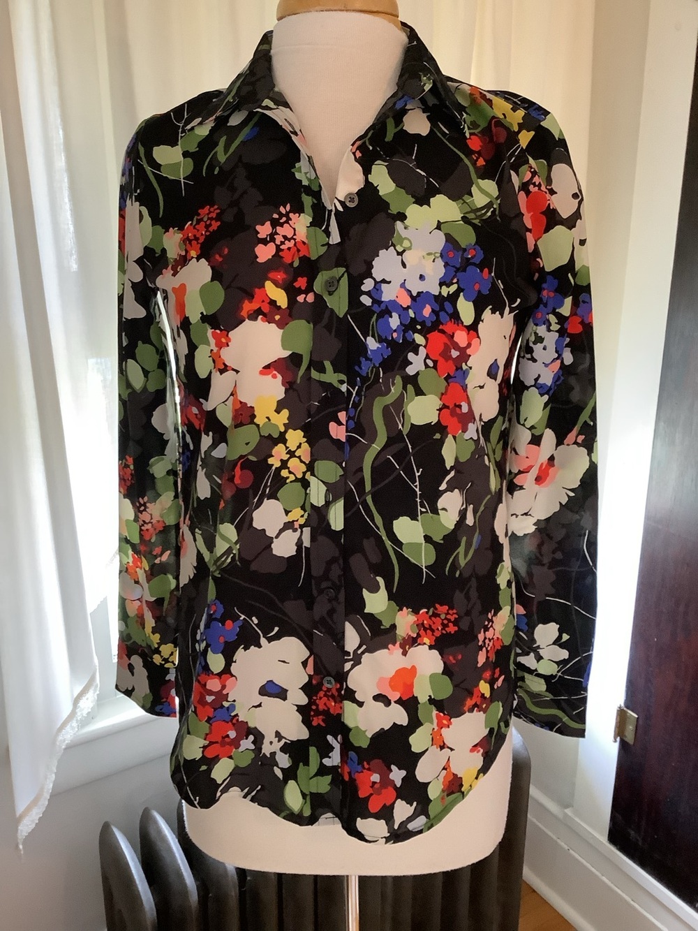 Banana Republic Black Floral Button-Down Shirt with Multicolor Print